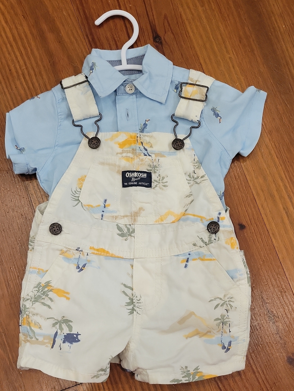 OshKosh B'gosh Light Blue Shirt with Cream Tropical-Print Overalls